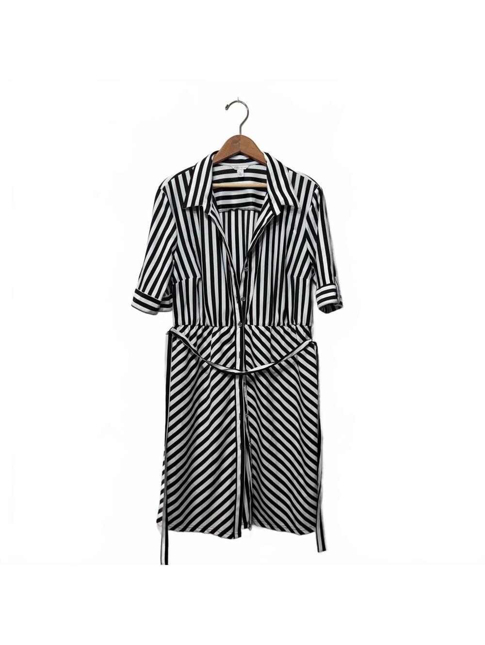 Cato Black White Striped Belted Shirt Dress Short Sleeve Women's Large - Picture 1 of 6